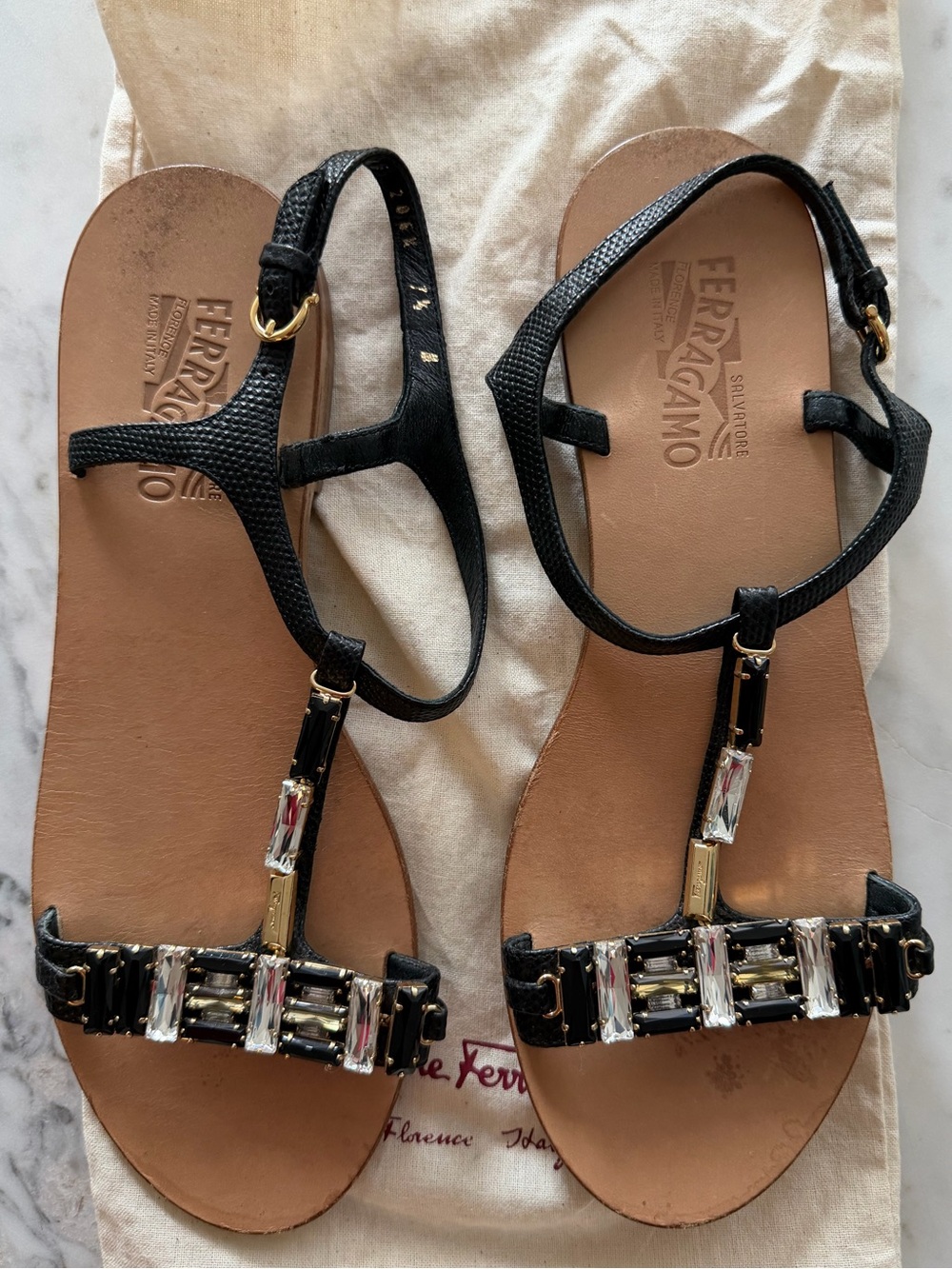 Salvatore Ferragamo Black Leather Jeweled T-Strap Sandals